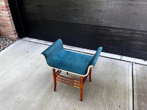 C. 19th C. Antique Scroll Mahogany Bentwood Bobbin Velvet Bench Chair - Picture 3 of 14