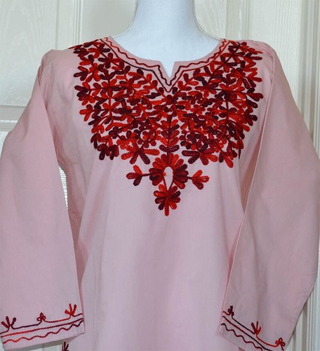 Túnica Top Larga Algodón Bordada Luz Salmón Color Rosa Salmón de la India - Imagen 3 de 5