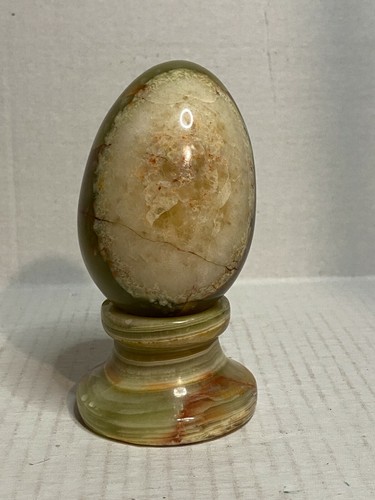 Vintage 2 Green Chalcedony Onyx Eggs Large 7" Small 4 3/4" Banded, Pakistan - Picture 8 of 12