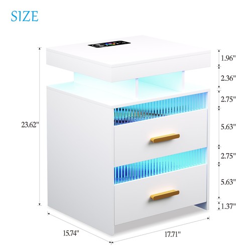 Bedside Table with Charging Station:Nightstand with Drawers Night Stand with LED - Picture 7 of 10