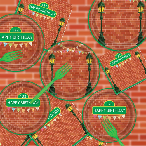 96 Pieces Red Brick Wall Street Party Supplies Tableware Set for 24 Guests Carto - Picture 5 of 12