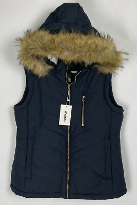 Wantdo NWT Womens Insulated Ski Vest Jacket Large L Navy Hood Full Zip New