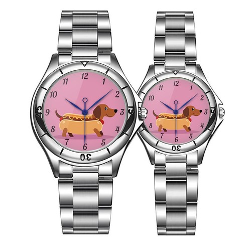 Hot Dog Dachshund Watch - Pink Dial, Stainless Steel Band, Mustard Weiner Design