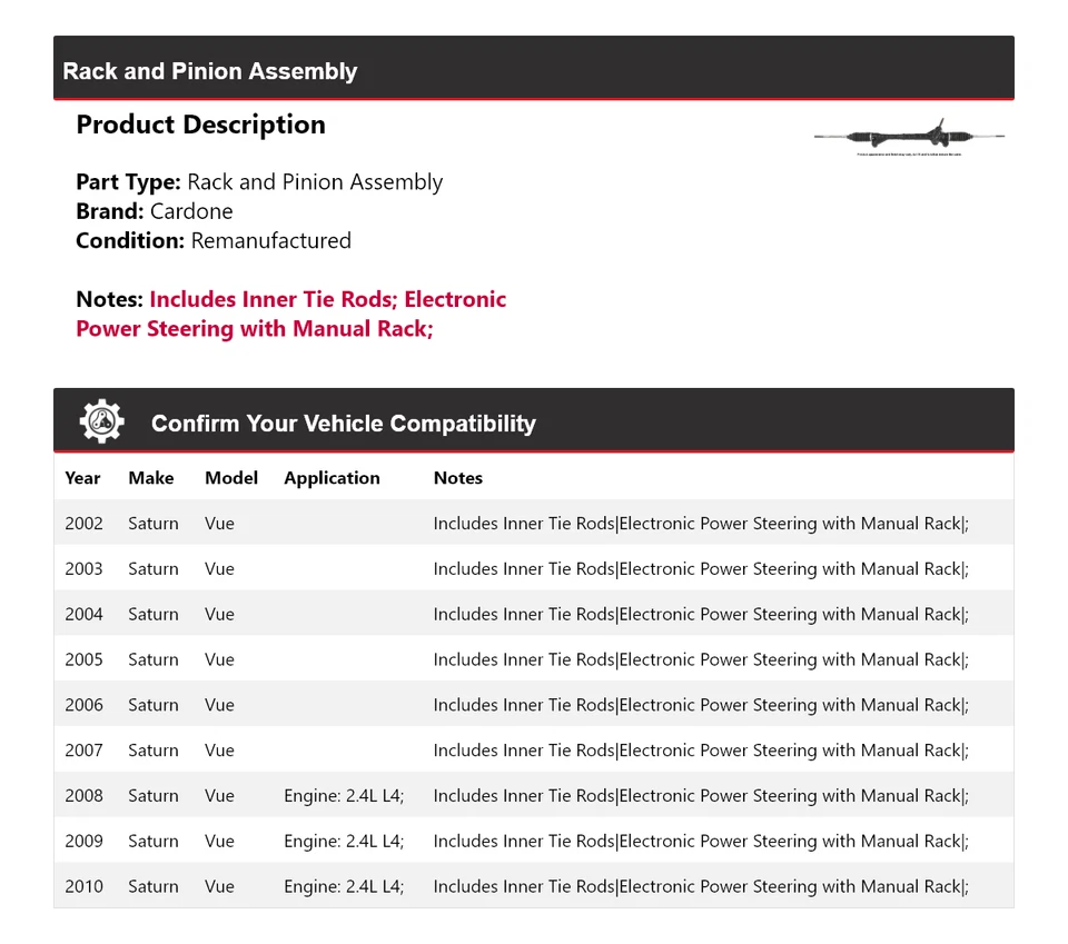 Стойка и шестерня в сборе Saturn Vue 2002-2010 годов выпуска Cardone 2003 2004 2005 2006 годов выпуска - Изображение 2 из 4