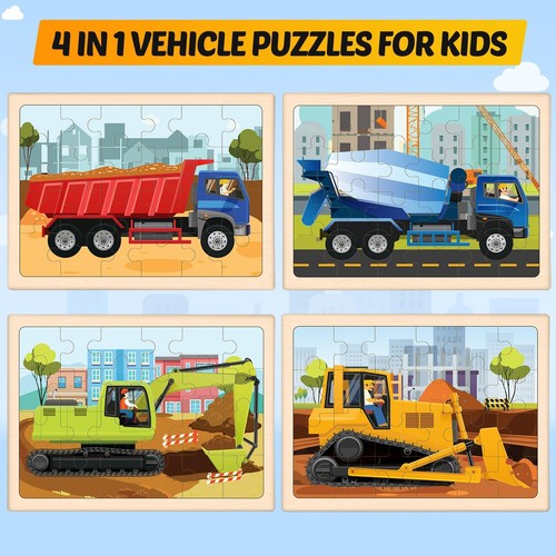 Wooden Puzzles for Kids Ages 4-6, 4 Packs 24 PCS Construction Vehicle Jigsaw ... - Picture 2 of 7
