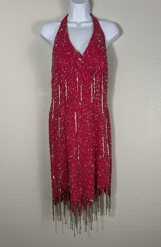 VTG 90’s Y2K Nite Line Hot Pink Beaded Tassel Bombshell Dress 2 Read Measurmnt - Picture 3 of 17