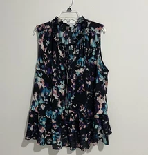 Boutique Women’s Size 1X Sleeveless Lovely Multi Print Chiffon Tie Top Ruffle