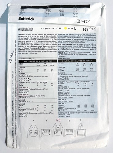 Delantal Anfitriona Medio Babero Completo Butterick B5474 Coser Patrón Trad MCM De Colección Estilo SIN CORTAR - Imagen 3 de 3