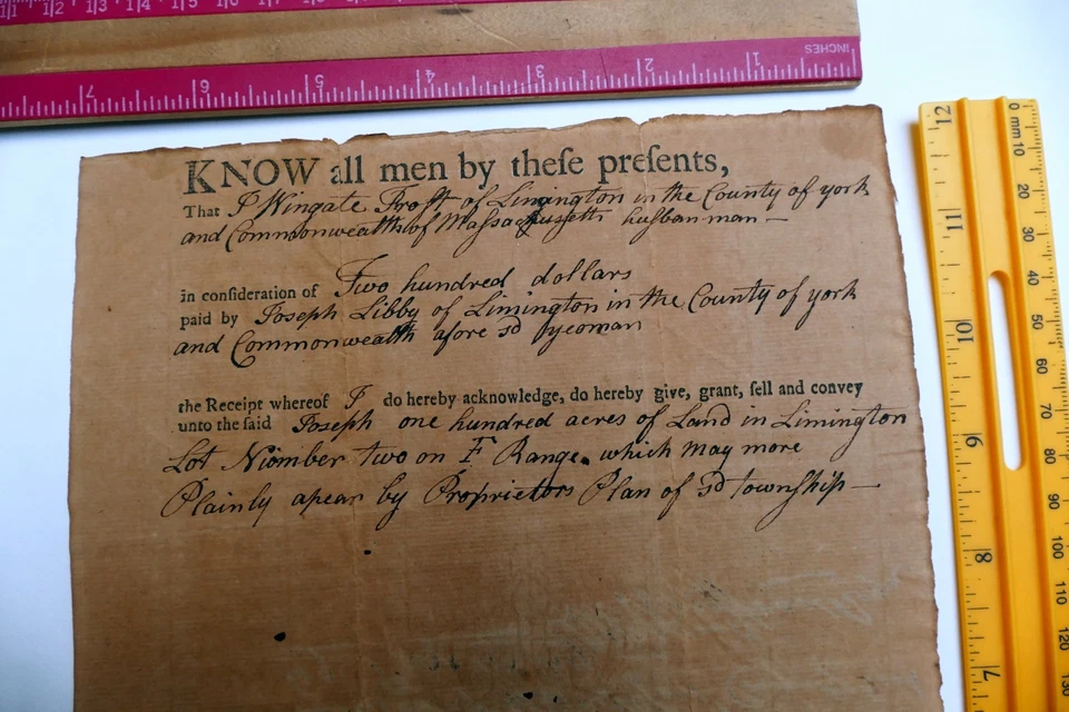 1799 Joseph Libby Land Deed YORK Limington Maine to Wingate Frost 100 acres - Image 4 of 4
