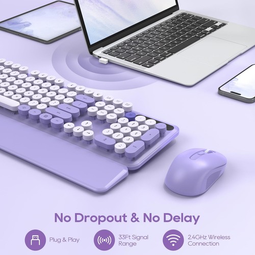 Wireless Keyboard and Mouse Combo, Cute Round Keycaps, Full-Size Retro Typewr... - 第 6/9 張圖片
