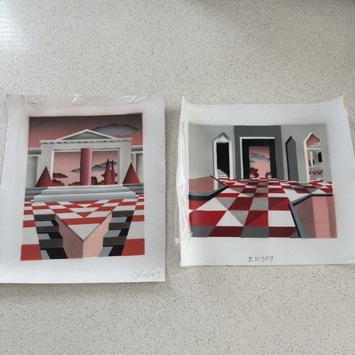 Vintage WOODVILLE originale olio su tela set di 2 - geometrico senza cornice MCM - Foto 1 di 14