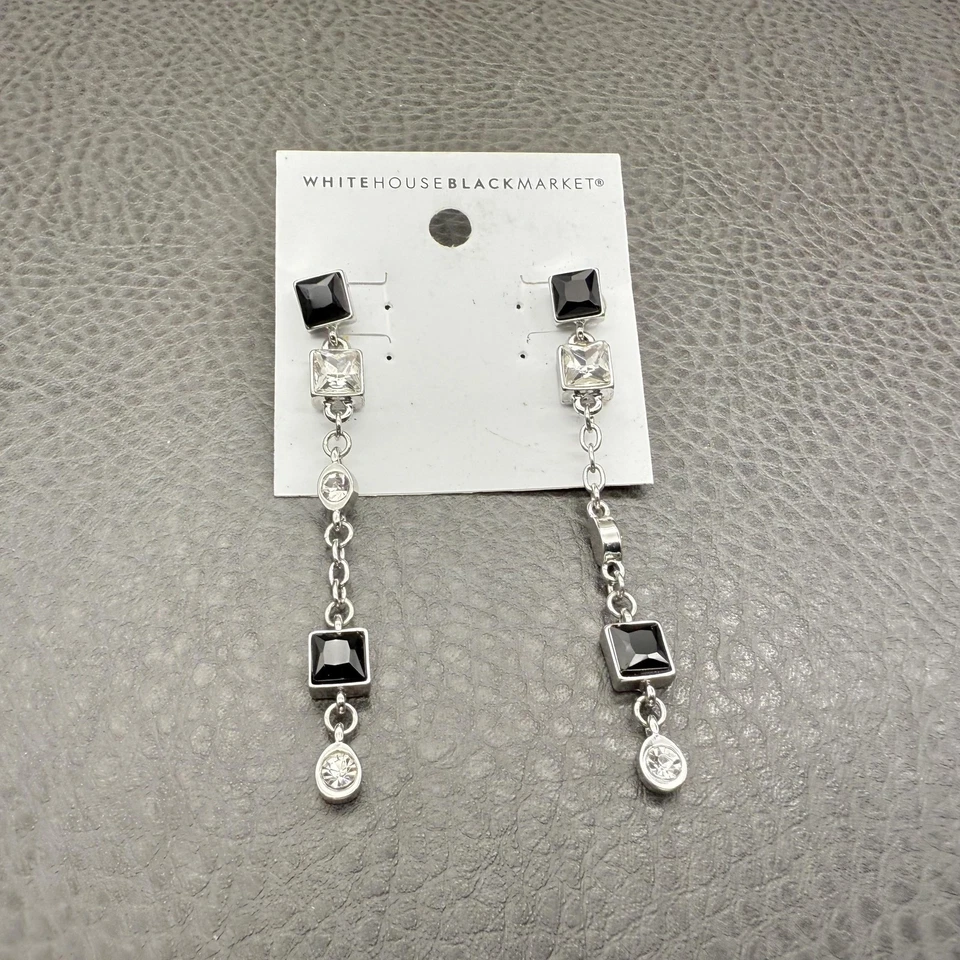 White House Black Market Earrings Dangle Silver Black Clear Crystal Pierced 3" - Image 3 of 4