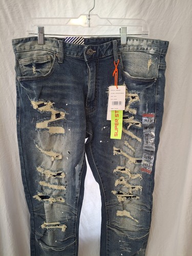 Jeans uomo Smoke Rise 36x34 blu slim fit moto elasticizzato denim invecchiato nuovo con etichetta - Foto 3 di 7