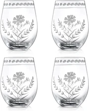 Hand Blown Etched Stemless Wine Glasses,Carved Red and White Wine Tumbler with F