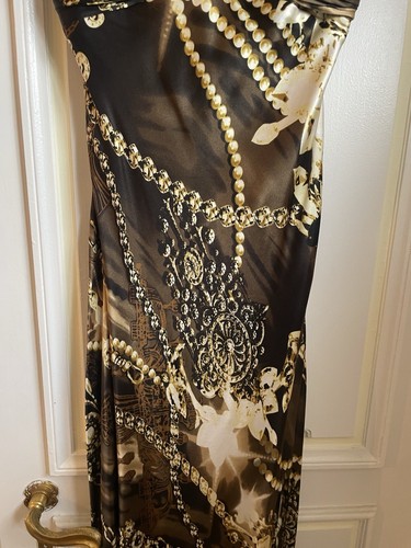 Abito vestito Mary L Couture lunghezza pavimento maxi schiena bassa stampa marrone e oro taglia 8 - Foto 6 di 10