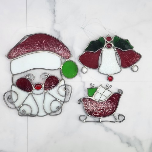 3 weihnachtliche Buntglas Fensterbehänge Weihnachtsmann mit Makel, Schlitten und Glocken - Bild 1 von 12