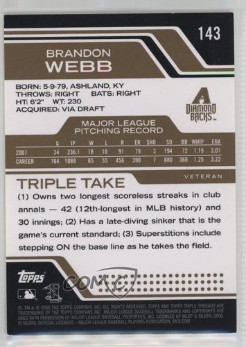 2008 Topps Triple Threads Gold /99 Brandon Webb #143 - Foto 2 di 3