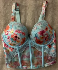 Victoria Secret Bra Bombshell Pushup 32C Top Corset Blue Sheer Padded Bling Logo