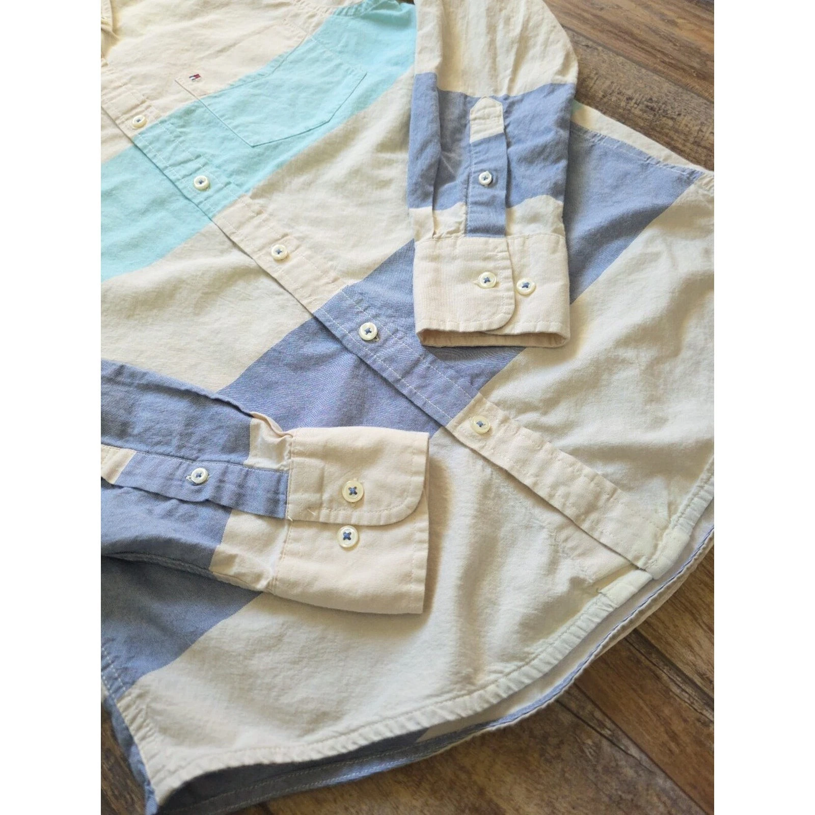 Tommy Hilfiger - Striped Colorblock Oxford Shirt - S - Cream Aqua Blue - product detail image 5