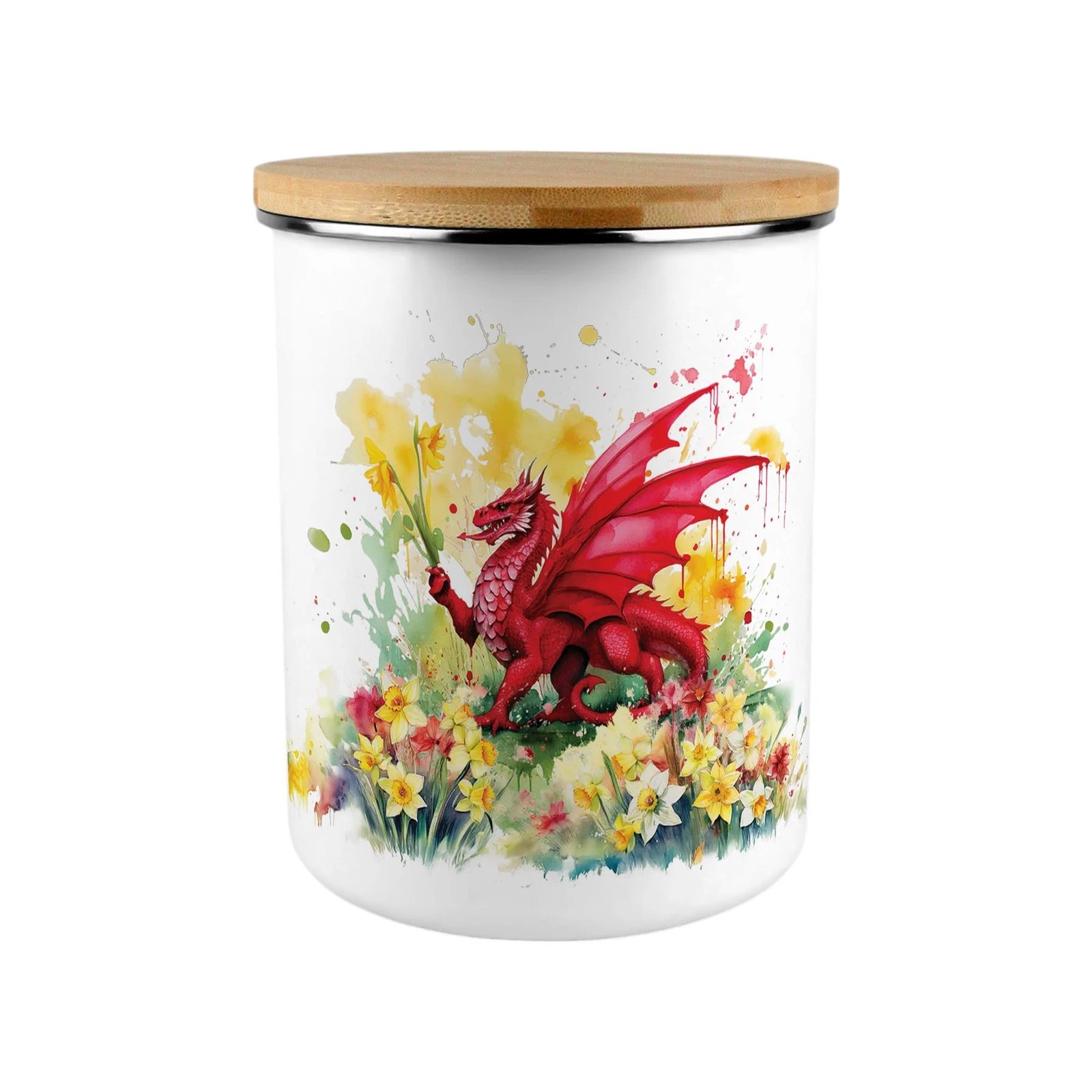 Large Welsh Themed Storage Canister - Daffodils & Dragon Wales Homeware Gift