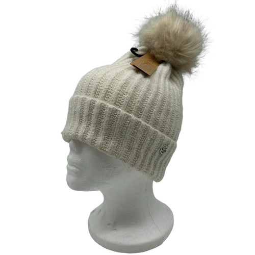 NEW Steve Madden Beanie Cream White Fur Pom Pom Winter Hat Chunky knit NWT