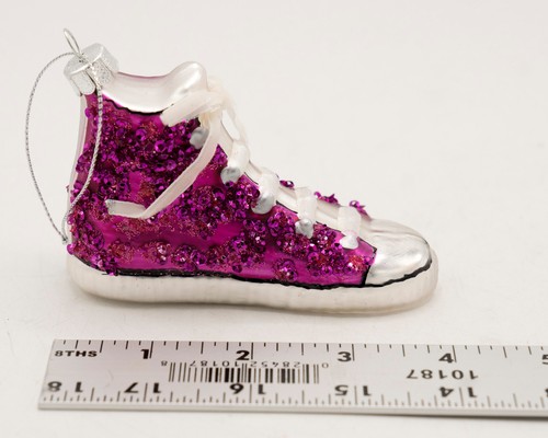 Zapatilla deportiva rosa de caña alta vidrio soplado adorno de Navidad lentejuelas rosas - Imagen 11 de 12