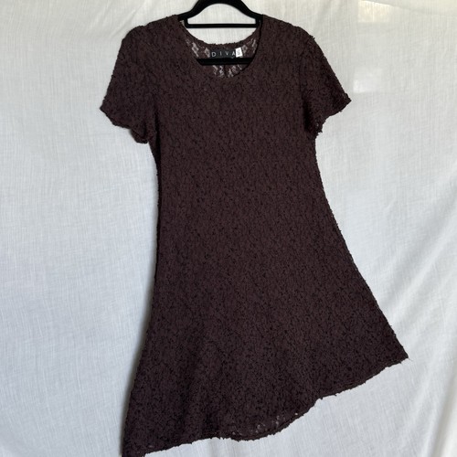 DIVA Brown Lace Short Sleeve Dress M/L - Picture 3 of 7
