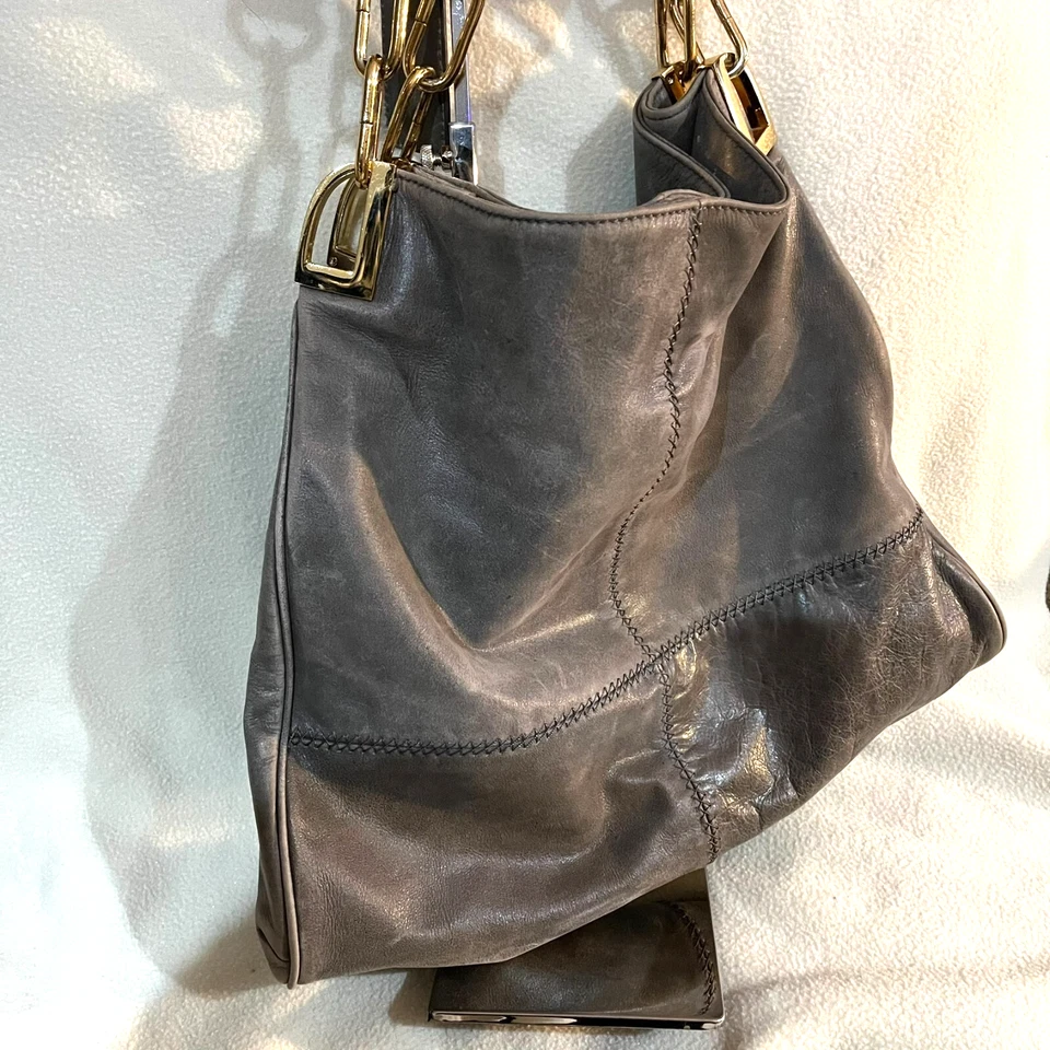 BADGLEY MISCHKA Hobo Brown Leather Gold Plate Metal Grey Handbag - Image 2 of 4