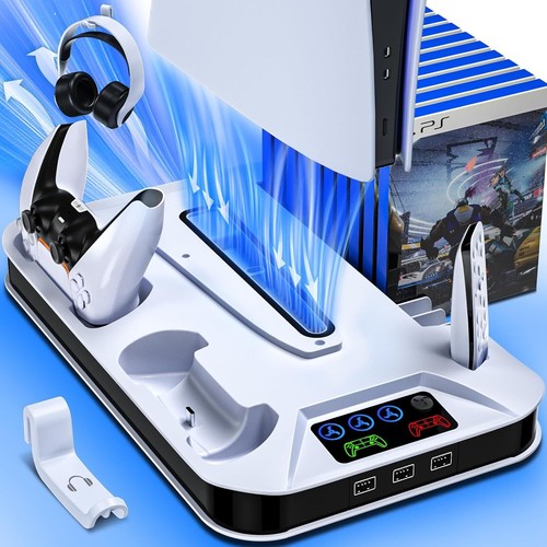 PS5/PS5 Slim Cooling Charging Station with Fan USB Hubs Headset Holder Screw