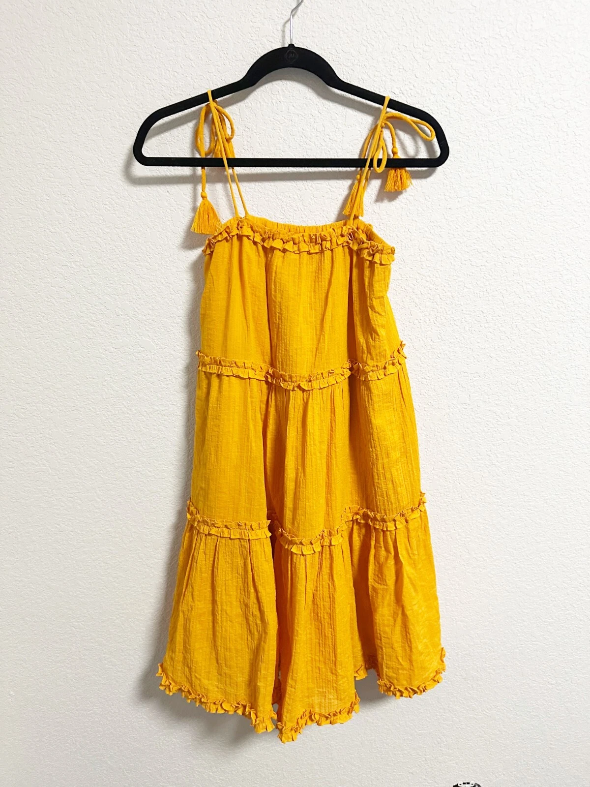 Abito Tory Burch a strati con volant cravatta spalle nappa scollo quadrato boho giallo piccolo