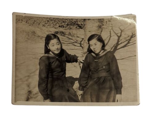 WW2 Era Photo Japanese Girls Wearing School Uniforms By Tree
