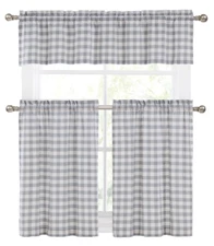 3 Pc. Country Chic Grey/Beige Plaid Tartan Kitchen Curtain Tier & Valance Set