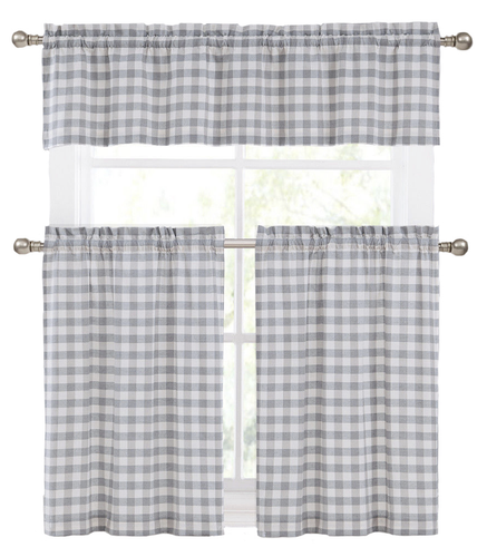 3 Pc. Country Chic Grey/Beige Plaid Tartan Kitchen Curtain Tier & Valance Set - Picture 1 of 2