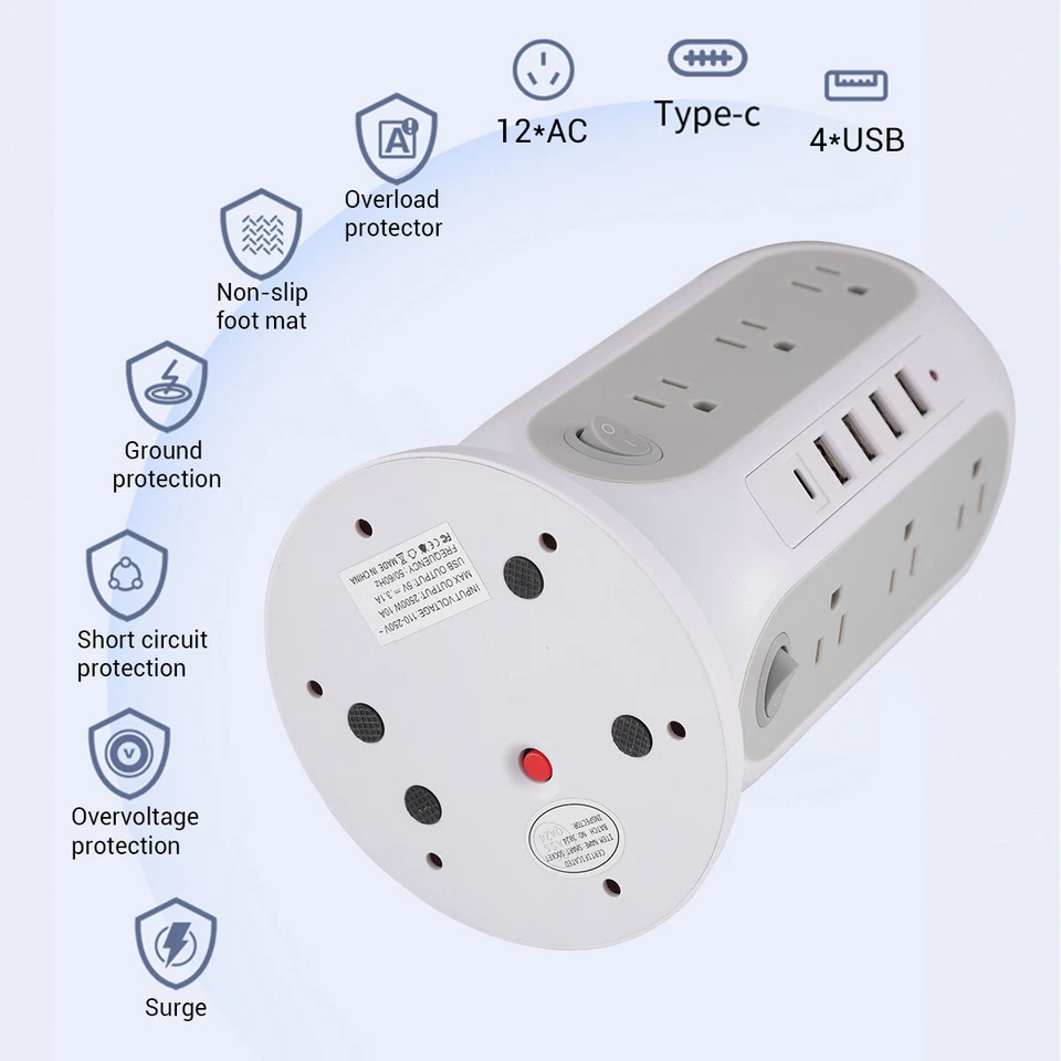 Multi Socket Wall Socket Power Strip With 12 AC Outlets & 5 USB Ports 1 Type C - Image 3 of 4