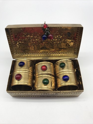 Vintage Brass Napkin Ring Set In Brass Box Jeweltones BOHO Fabulous!