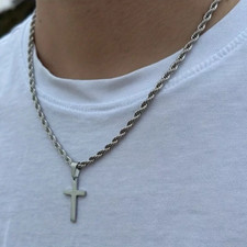 Men Stainless Steel Cross Pendant Necklace Hip Hop Simple Chain Silvery Gift New