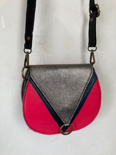 Bolso Bandolera Vintage Cuero Patchwork Rosa Seda Boho Hippie Disco - Imagen 6 de 7