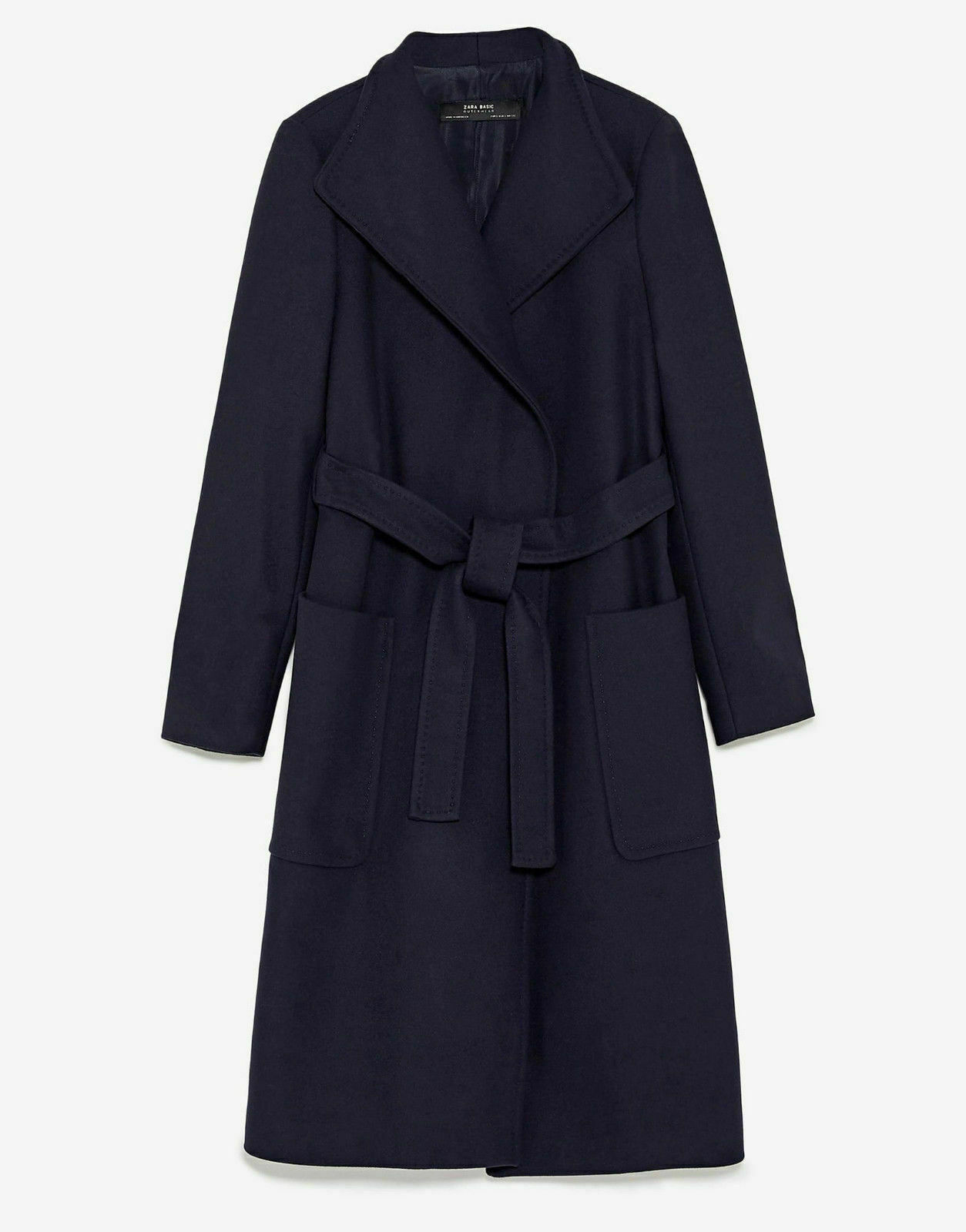 ZARA LONG COAT WOOL BLEND NAVY COAT JACKET HIGH NECK COLLAR BELT SIZE S NEW image 6