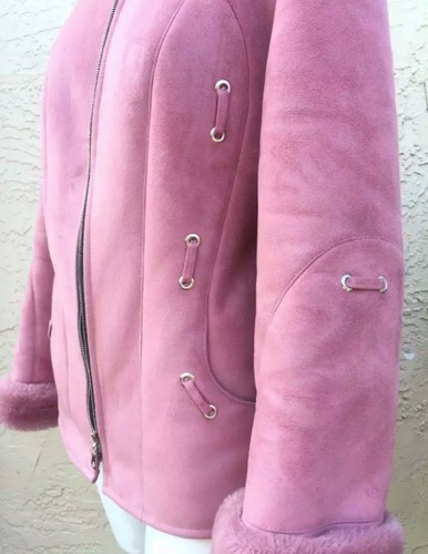 GORGEOUS GENUINE SHEARLING SHEEPSKIN FUR PINK COLOR HUGE COLLAR JACKET SZ 36 - Picture 4 of 8