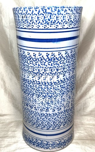 ANTIQUE UMBRELLA CANE STAND SPONGEWARE SPLATTERWARE STONEWARE POTTERY BLUE WHITE