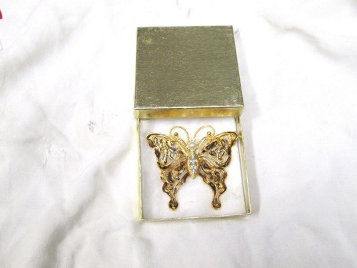 Vintage goldfarbene Schmetterling Anstecknadel mit Strass und Perlenakzent - Bild 3 von 3