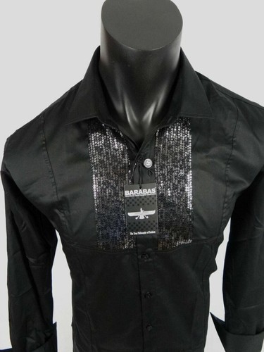 Mens Shirt Black White Shiny Sequins Event Wedding Barabas Classic Fit Button Up - Picture 9 of 13