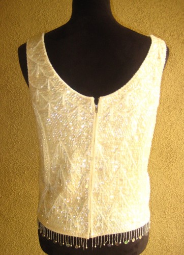 Vintage The May Co 60s cream wool sequins/beads sleeveless rayon lined top M - Picture 8 of 20