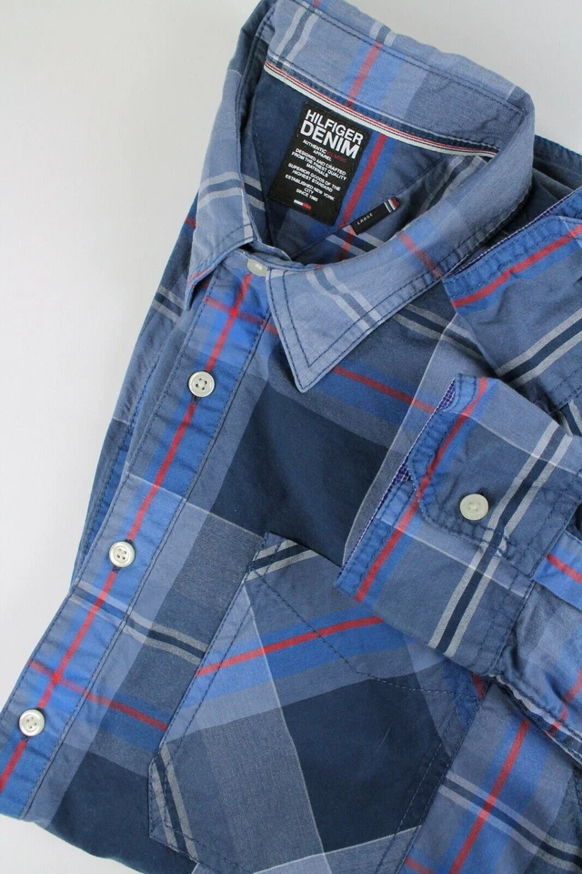 TOMMY HILFIGER DENIM | Mens Blue Red Casual Plaid Western Check Shirt | Large Foto 3 de 4