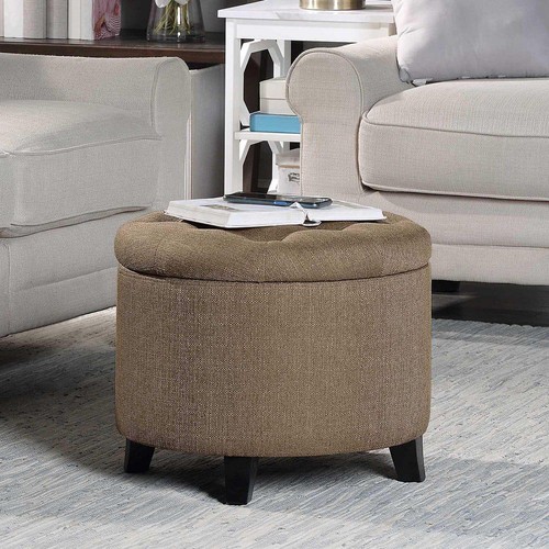 Storage Ottoman Sandstone Beige Fabric Round Removable Lid Foam Cushioned Top - Picture 5 of 5