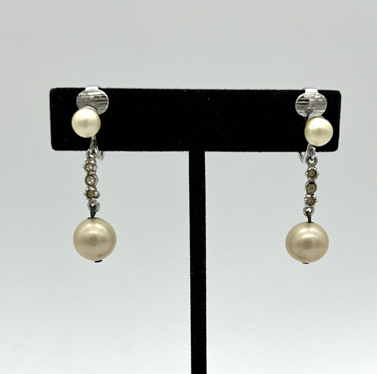 Vintage Marvella Faux Pearl And Rhinestone Drop Clip On Earrings