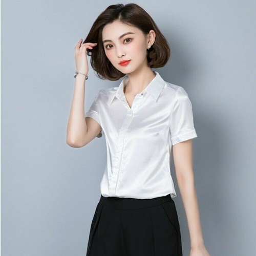Damen Kurzarm Bluse Shirt Oberteil Kunstseide Satin Business Formell Glänzend - Bild 10 von 14