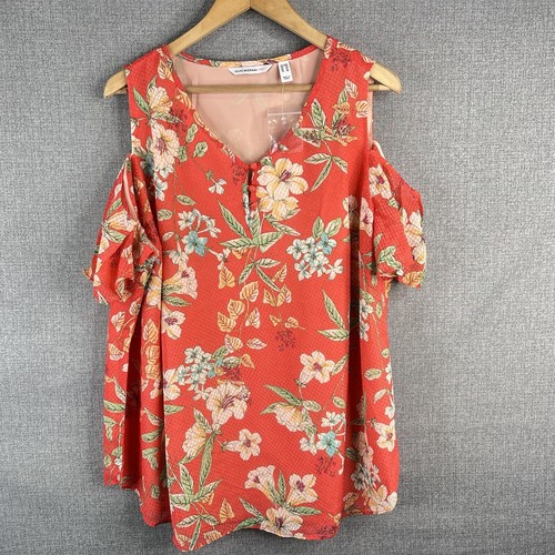 Isaac Mizrahi LIVE Top Womens 22W V neck Cold Shoulder Blouse Floral - Picture 2 of 10