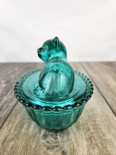 Teal Blue Glass Cat on Basket - "Hen on Nest" Covered Candy Dish or Trinket Box - Picture 2 of 8