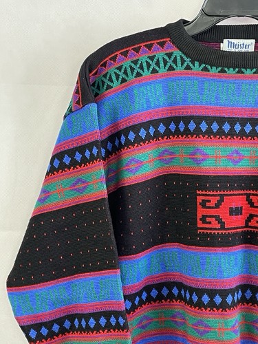 Vintage Mens Meister Nordic Wool Sweater Black Blue Fair Isle Ski Large Crewneck - Picture 3 of 17